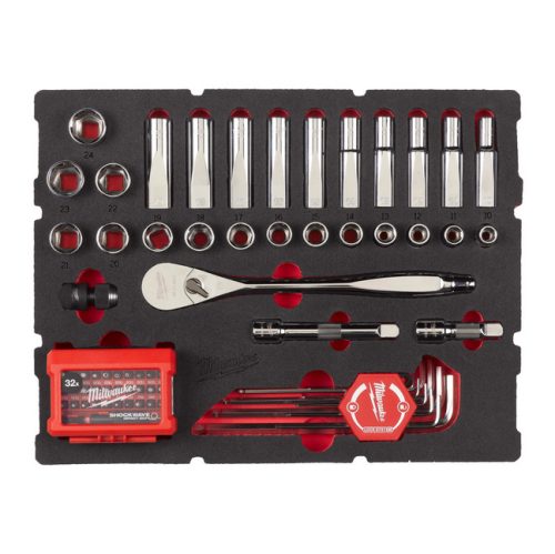 Milwaukee ½″ Racsni klt + Bitek + Imbusz klt. PACKOUT™ habbetétben 70 részes